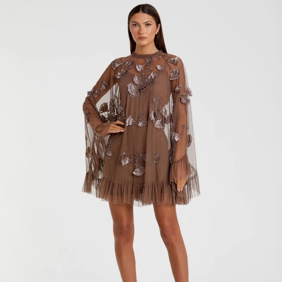 NWTMac Duggal 9257 Chocolate Embellished Flare Sleeve Mesh A-Line Dress 6